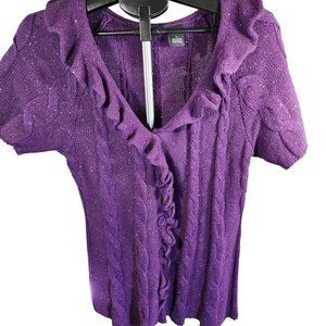 New Directions Purple Ruffle Button‎ Up Cardigan Sweater Large